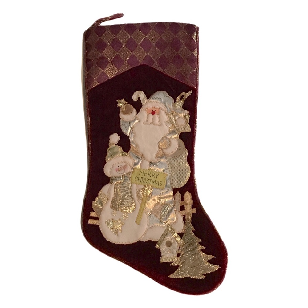 NWOT Burgundy & Gold Santa/Snowman Stocking